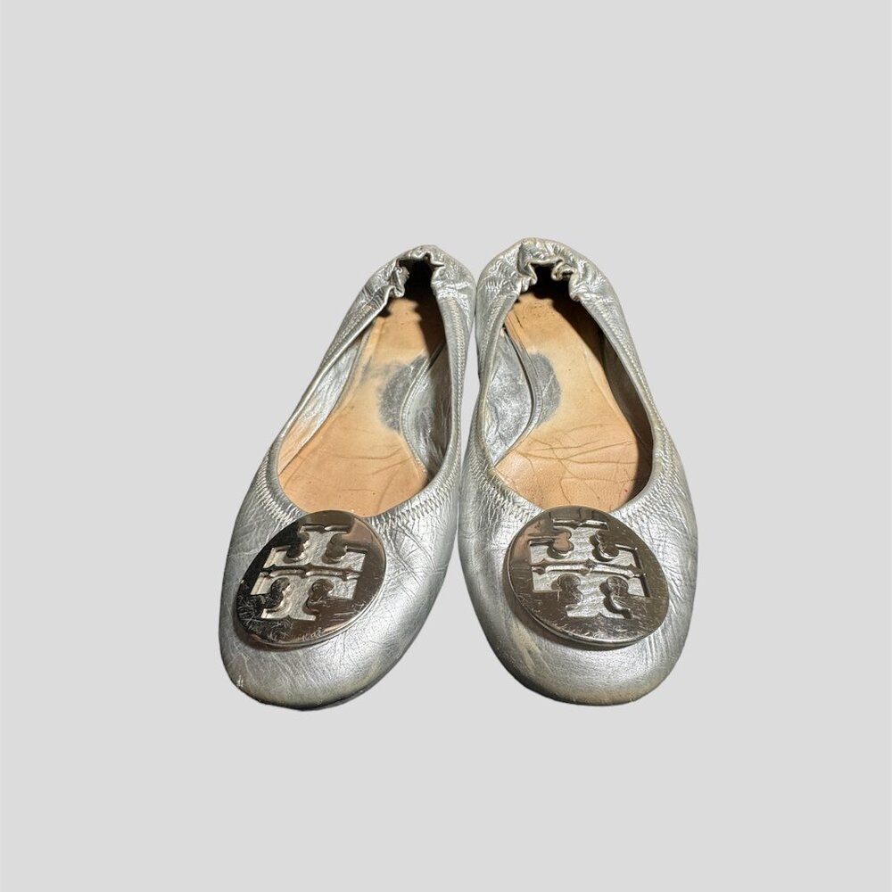 Tory Burch silver metallic Reva leather ballet flats 8M